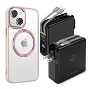 Dr.b@ttery電池王 MagSafe無線充電+自帶線行動電源-黑色 搭 iPhone14 6.1 星耀磁吸保護殼 粉色