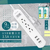 【KINYO】9呎2.7M 延長線3P1開3插3USB快充3.5A(CGU313-9)台灣製造‧新安規(2入組)