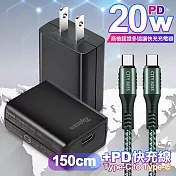 Topcom 20W Type-C PD3.0+QC3.0 快速充電器TC-S300C-黑+勇固 Type-C to Type-C 100W耐彎折快充線-1.5米 灰線