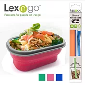 Lexngo矽膠蓋可摺疊餐盒(小)+珍珠吸管橘藍組合 粉色