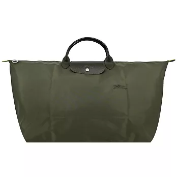 LONGCHAMP LE PLIAGE GREEN系列刺繡短把再生尼龍摺疊旅行袋(中)  森林綠