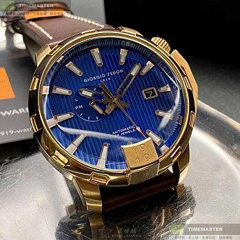 Giorgio Fedon 1919喬治飛登精品錶,編號：GF00106,46mm圓形玫瑰金精鋼錶殼寶藍色錶盤真皮皮革咖啡色錶帶
