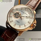 Giorgio Fedon 1919喬治飛登精品錶,編號：GF00118,46mm圓形玫瑰金精鋼錶殼銀白色錶盤真皮皮革咖啡色錶帶