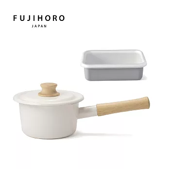 FUJIHORO日本富士琺瑯-COTTON保鮮盒淺型(M)灰+COTTON 14CM單柄附蓋琺瑯牛奶鍋(1.2L)-溫潤白