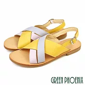 【GREEN PHOENIX】女 涼鞋 全真皮 平底 交錯線條 台灣製 EU35 黃色