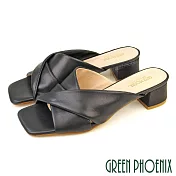 【GREEN PHOENIX】女 拖鞋 全真皮 交錯反摺 粗中跟 方頭 小羊皮 台灣製 US7 黑色