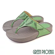 【GREEN PHOENIX】女 拖鞋 夾腳 厚底 彈力 麥穗雕花 全真皮 羊皮 EU40 綠色