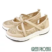 【GREEN PHOENIX】女 休閒鞋 健走鞋 瑪麗珍 沾黏式 厚底 彈力紓壓 EU40 杏色