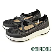 【GREEN PHOENIX】女 休閒鞋 健走鞋 瑪麗珍 沾黏式 厚底 彈力紓壓 EU36 黑色