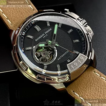 Giorgio Fedon 1919喬治飛登精品錶,編號：GF00121,46mm圓形銀精鋼錶殼黑色雙面機械鏤空錶盤真皮皮革咖啡色錶帶