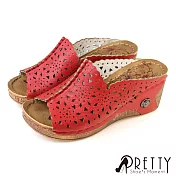 【Pretty】女 拖鞋 鏤空 花邊 厚底 楔型 防水台 EU39 紅色