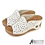 【Pretty】女 拖鞋 鏤空 花邊 厚底 楔型 防水台 EU36 白色