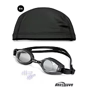 Heatwave泳鏡 PP盒純矽膠眼罩+泳帽組 黑色泳鏡+黑泳帽