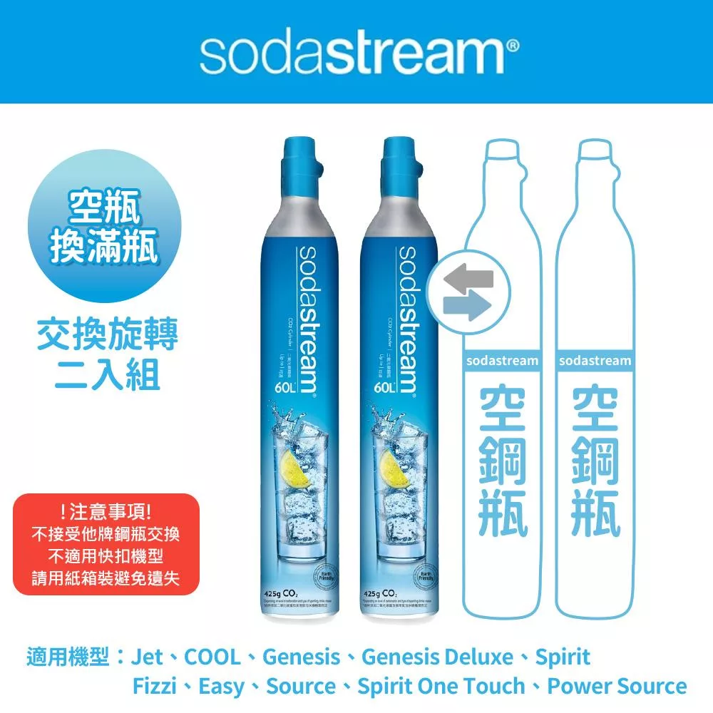 【Sodastream-交換鋼瓶】CO2交換旋轉鋼瓶425g-2入組(您須有2支空鋼瓶 僅適用旋轉機種)