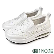 【GREEN PHOENIX】女 休閒鞋 懶人鞋 厚底鞋 氣墊 蕾絲 鑽飾 百搭 EU35 白色