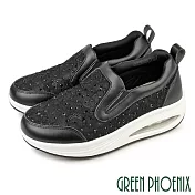 【GREEN PHOENIX】女 休閒鞋 懶人鞋 厚底鞋 氣墊 蕾絲 鑽飾 百搭 EU39 黑色
