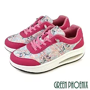 【GREEN PHOENIX】女 休閒鞋 懶人鞋 厚底 透氣 氣墊 彈力 直套式 花紋 彩繪 EU35 桃紅色