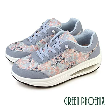 【GREEN PHOENIX】女 休閒鞋 懶人鞋 厚底 透氣 氣墊 彈力 直套式 花紋 彩繪 EU35 藍色