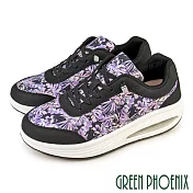 【GREEN PHOENIX】女 休閒鞋 懶人鞋 厚底 透氣 氣墊 彈力 直套式 花紋 彩繪 EU35 黑色
