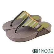 【GREEN PHOENIX】女 拖鞋 夾腳 厚底 彈力 金蔥 全真皮 羊皮 EU35 綠色