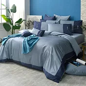 義大利La Belle《靜致混搭》加大長絨細棉刺繡四件式被套床包組(共兩色)-藍色