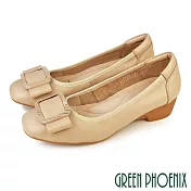 【GREEN PHOENIX】女 娃娃鞋 包鞋 全真皮 楔型 厚底 蝴蝶結 OL通勤 上班 EU40 杏色