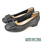 【GREEN PHOENIX】女 娃娃鞋 包鞋 全真皮 楔型 厚底 蝴蝶結 OL通勤 上班 EU38 黑色