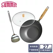 日本Summit 輕量氮化處理鐵鍋-27cm炒鍋(蜂巢紋)+玻璃蓋+不鏽鋼鍋鏟