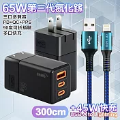 HANG 三代氮化鎵65W 黑色+勇固線耐彎折編織線USB-iphone/ipad-300cm 灰線