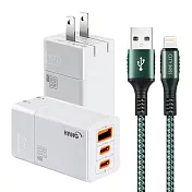 HANG 三代氮化鎵65W 白色+勇固線耐彎折編織線USB-iphone/ipad-300cm 綠線