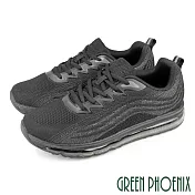 【GREEN PHOENIX】男 休閒鞋 運動鞋 透氣 網布 全氣墊 彈力 吸震 綁帶 厚底 JP30 黑色