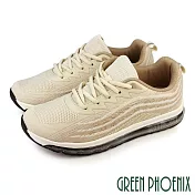 【GREEN PHOENIX】男 休閒鞋 運動鞋 透氣 網布 全氣墊 彈力 吸震 綁帶 厚底 JP26 卡其色