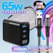 MYCELL 65W氮化鎵GDK55T 黑色+勇固線耐彎折編織線USB-iphone/ipad-200cm 灰線