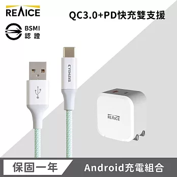【REAICE】 PD20W 快速充電頭+USB-A &Type-C耐用編織充電線 綠色