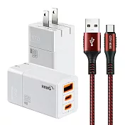 HANG 三代氮化鎵65W 白色+勇固線耐彎折編織線USB-Type-C-150cm 紅線