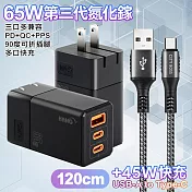 HANG 三代氮化鎵65W 黑色+勇固線耐彎折編織線USB-Type-C-120cm 灰線
