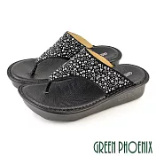 【GREEN PHOENIX】女 拖鞋 全真皮 夾腳 輕量 厚底 氣墊 台灣製 EU41 黑色10
