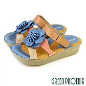 【GREEN PHOENIX】女 涼鞋 拖鞋 兩穿 花朵 厚底 全真皮 沾黏式 台灣製 EU37 水藍色6
