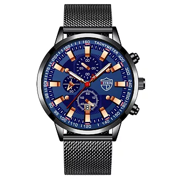 DEYROS 商務時尚瓦倫西亞仿三眼日曆米蘭帶手錶 _黑框藍盤黑帶