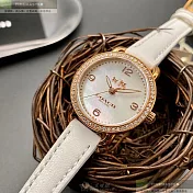 COACH蔻馳精品錶,編號：CH00148,28mm圓形玫瑰金精鋼錶殼貝母錶盤真皮皮革白錶帶
