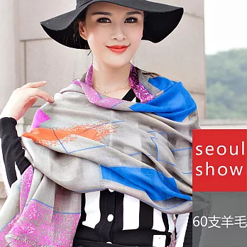 Seoul Show首爾秀 普普條格 60支紗100%純羊毛印花圍巾保暖披肩  灰彩