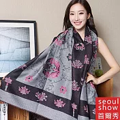 Seoul Show首爾秀 藏傳花間 仿羊絨雙面提花圍巾披肩 黑框灰底