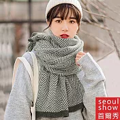 Seoul Show首爾秀 人字格紋針織加厚仿羊絨圍巾披肩  深灰