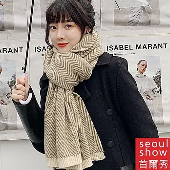 Seoul Show首爾秀 人字格紋針織加厚仿羊絨圍巾披肩  豆綠