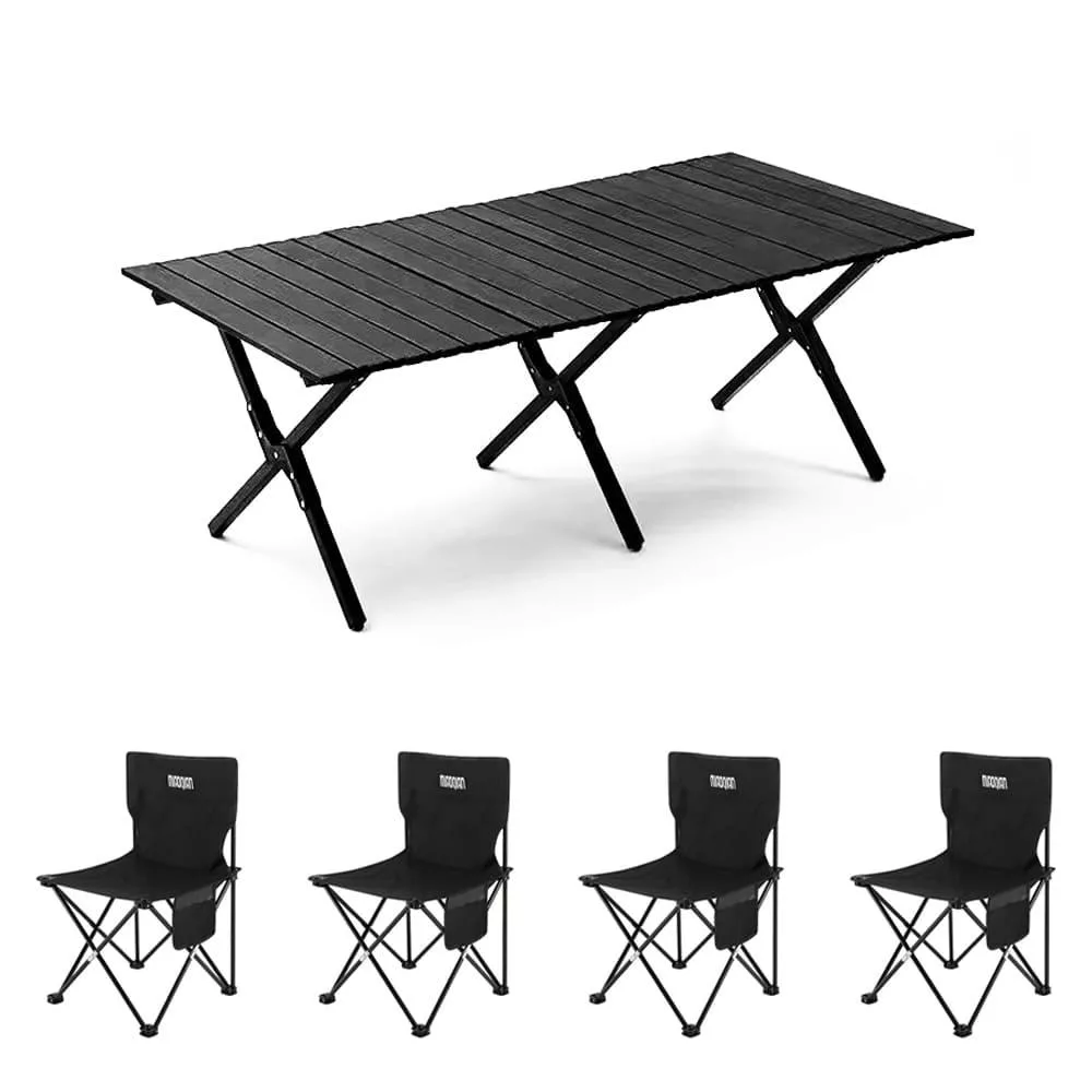 E.C outdoor 戶外露營折疊輕量桌椅五件組-贈收納袋 露營桌椅 收納桌椅 摺疊桌椅 -鋁合金黑