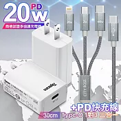 Topcom TS-C300C白 20W快速充電器+TypeC 1對3 PD快速閃充線三合一(30cm短線灰)