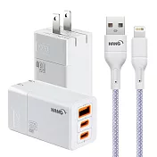HANG 三代氮化鎵65W 白色+高密度編織線USB-iphone/ipad-100cm 紫線