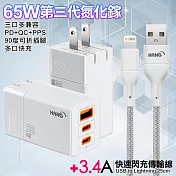 HANG 三代氮化鎵65W 白色+高密度編織線USB-iphone/ipad-25cm 灰線
