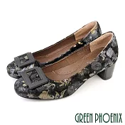 【GREEN PHOENIX】女 跟鞋 包鞋 粗跟 全真皮 小羊皮 通勤 上班 宴會 台灣製 JP23.5 黑花