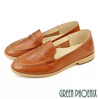 【GREEN PHOENIX】女 樂福鞋 便鞋 平底鞋 小皮鞋 全真皮 台灣製 US5 棕色